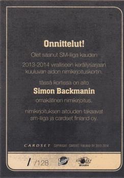 2013-14 Cardset Finland - Signature #NNO Simon Backman Back