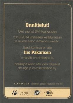 2013-14 Cardset Finland - Signature #NNO Iiro Pakarinen Back
