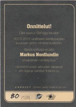 2013-14 Cardset Finland - Signature #NNO Markus Nordlund Back
