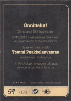 2013-14 Cardset Finland - Signature #NNO Tommi Paakkolanvaara Back