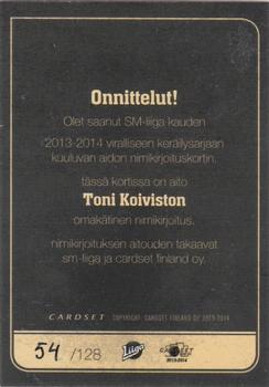 2013-14 Cardset Finland - Signature #NNO Toni Koivisto Back