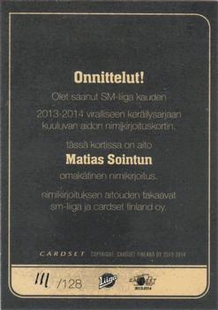 2013-14 Cardset Finland - Signature #NNO Matias Sointu Back
