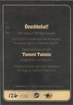 2013-14 Cardset Finland - Signature #NNO Tommi Taimi Back