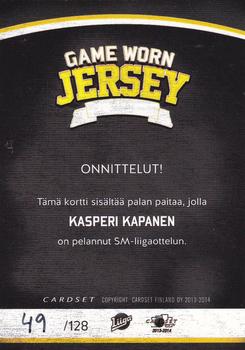 2013-14 Cardset Finland - Game Worn Jersey Series 2 Exchange #NNO Kasperi Kapanen Back