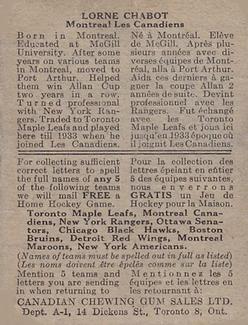 1933-34 Canadian Gum (V252) #NNO Lorne Chabot Back