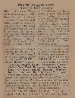 1933-34 Canadian Gum (V252) #NNO Frank (King) Clancy Back