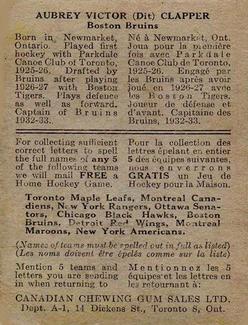 1933-34 Canadian Gum (V252) #NNO Aubrey Victor (Dit) Clapper Back