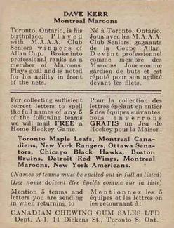1933-34 Canadian Gum (V252) #NNO Dave Kerr Back