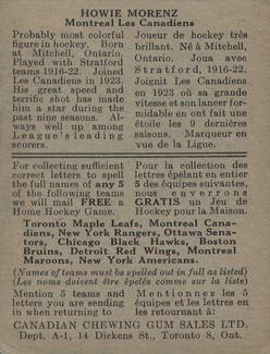 1933-34 Canadian Gum (V252) #NNO Howie Morenz Back