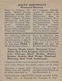 1933-34 Canadian Gum (V252) #NNO Baldy Northcott Back