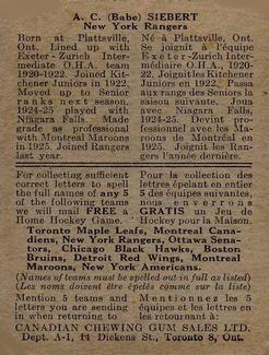 1933-34 Canadian Gum (V252) #NNO A. C. (Babe) Siebert Back