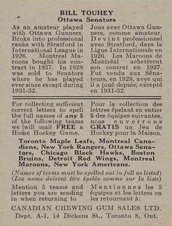 1933-34 Canadian Gum (V252) #NNO Bill Touhey Back