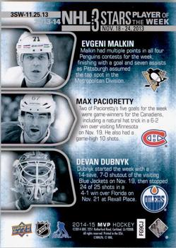 2014-15 Upper Deck MVP - NHL 3 Stars Player of the Week #3SW-11.25.13 Evgeni Malkin / Max Pacioretty / Devan Dubnyk Back