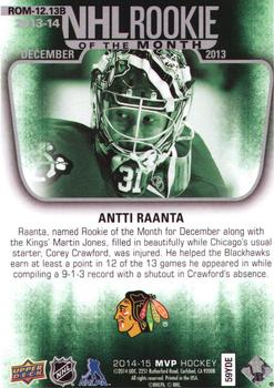 2014-15 Upper Deck MVP - NHL Rookie of the Month #ROM-12.13B Antti Raanta Back
