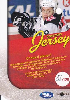 2009-10 Cardset Finland - Game Worn Jersey Redemptions #NNO Ville Vahalahti Back