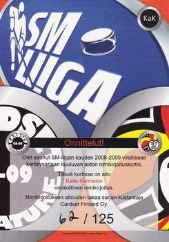 2008-09 Cardset Finland - Signature Sensations #KaK Kalle Kerman Back