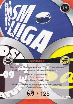 2008-09 Cardset Finland - Signature Sensations #SM Simo Mälkiä Back