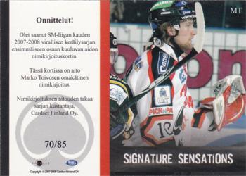 2007-08 Cardset Finland - Signature Sensations #MT Marko Toivonen Back