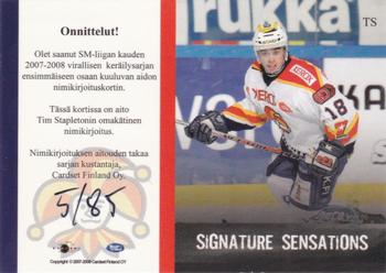 2007-08 Cardset Finland - Signature Sensations #TS Tim Stapleton Back