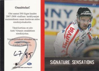 2007-08 Cardset Finland - Signature Sensations #AV Antti Virtanen Back