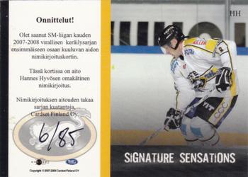 2007-08 Cardset Finland - Signature Sensations #HH Hannes Hyvönen Back