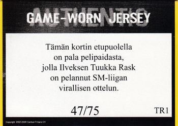 2007-08 Cardset Finland - Game Worn - Series 1 #TR1 Tuukka Rask / Game Worn Jersey Back