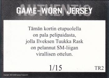 2007-08 Cardset Finland - Game Worn - Series 1 #TR2 Tuukka Rask / Game Worn Jersey Back