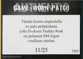 2007-08 Cardset Finland - Game Worn - Series 1 #TRP Tuukka Rask / Game Worn Patch Back