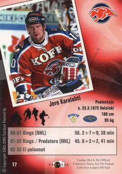 2003-04 Cardset Finland #17 Jere Karalahti Back