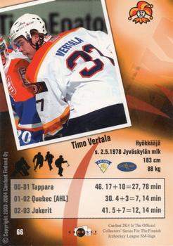 2003-04 Cardset Finland #66 Timo Vertala Back