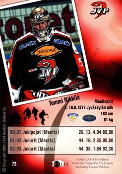 2003-04 Cardset Finland #72 Tommi Nikkilä Back