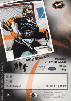 2003-04 Cardset Finland #85 Niklas Bäckström Back