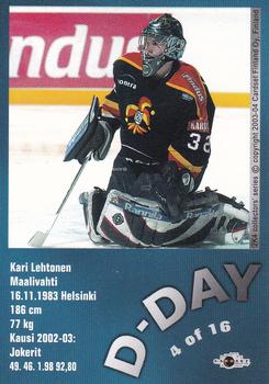 2003-04 Cardset Finland - The D-Day #4 Kari Lehtonen Back