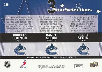 2009-10 Collector's Choice #229 Roberto Luongo / Henrik Sedin / Daniel Sedin Back