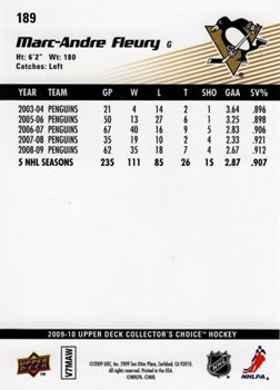 2009-10 Collector's Choice #189 Marc-Andre Fleury Back