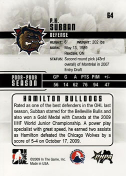 2009-10 In The Game Heroes and Prospects #64 P.K. Subban Back