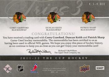 2011-12 Upper Deck The Cup - Trios Jerseys #C3-CHI Corey Crawford / Duncan Keith / Patrick Sharp Back