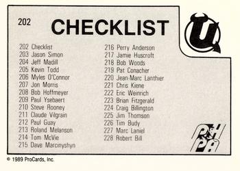 1989-90 ProCards AHL #202 Utica Checklist Back