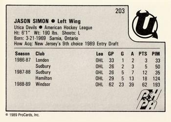 1989-90 ProCards AHL #203 Jason Simon Back