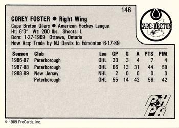 1989-90 ProCards AHL #146 Corey Foster Back