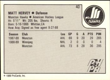 1989-90 ProCards AHL #40 Matt Hervey Back