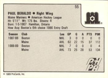 1989-90 ProCards AHL #55 Paul Beraldo Back