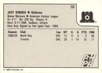 1989-90 ProCards AHL #59 Jeff Sirkka Back
