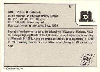 1989-90 ProCards AHL #61 Greg Poss Back