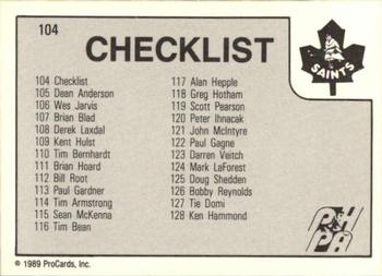 1989-90 ProCards AHL #104 Newmarket Checklist Back
