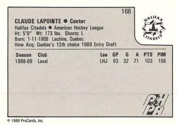 1989-90 ProCards AHL #166 Claude Lapointe Back