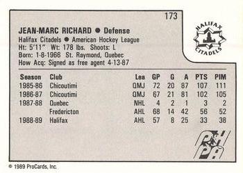 1989-90 ProCards AHL #173 Jean-Marc Richard Back