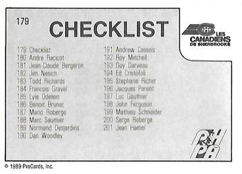 1989-90 ProCards AHL #179 Sherbrooke Checklist Back