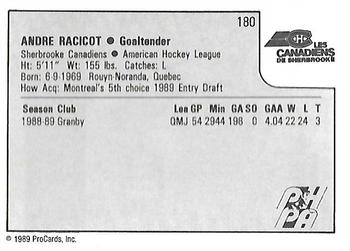 1989-90 ProCards AHL #180 Andre Racicot Back