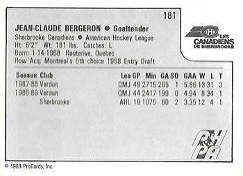 1989-90 ProCards AHL #181 Jean-Claude Bergeron Back